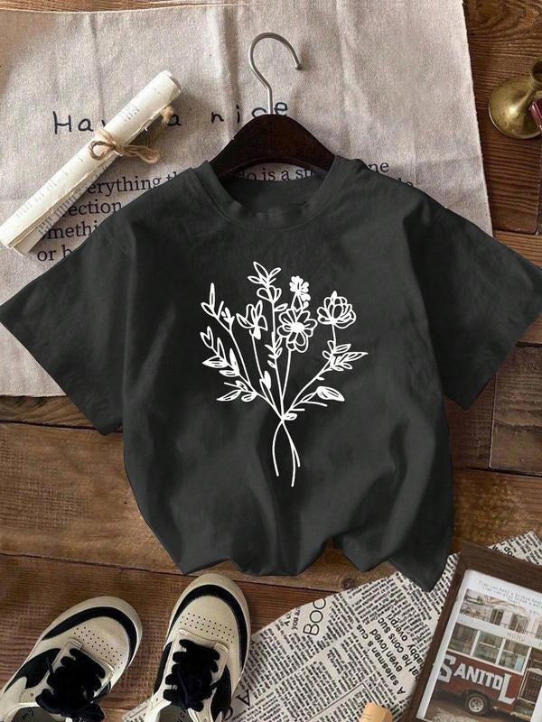 Women'WB shield Floral Print Round Neck Tee, Vintage Trendy Casual Short Sleeve T-shirt for Daily Wear, Ladies Summer,...