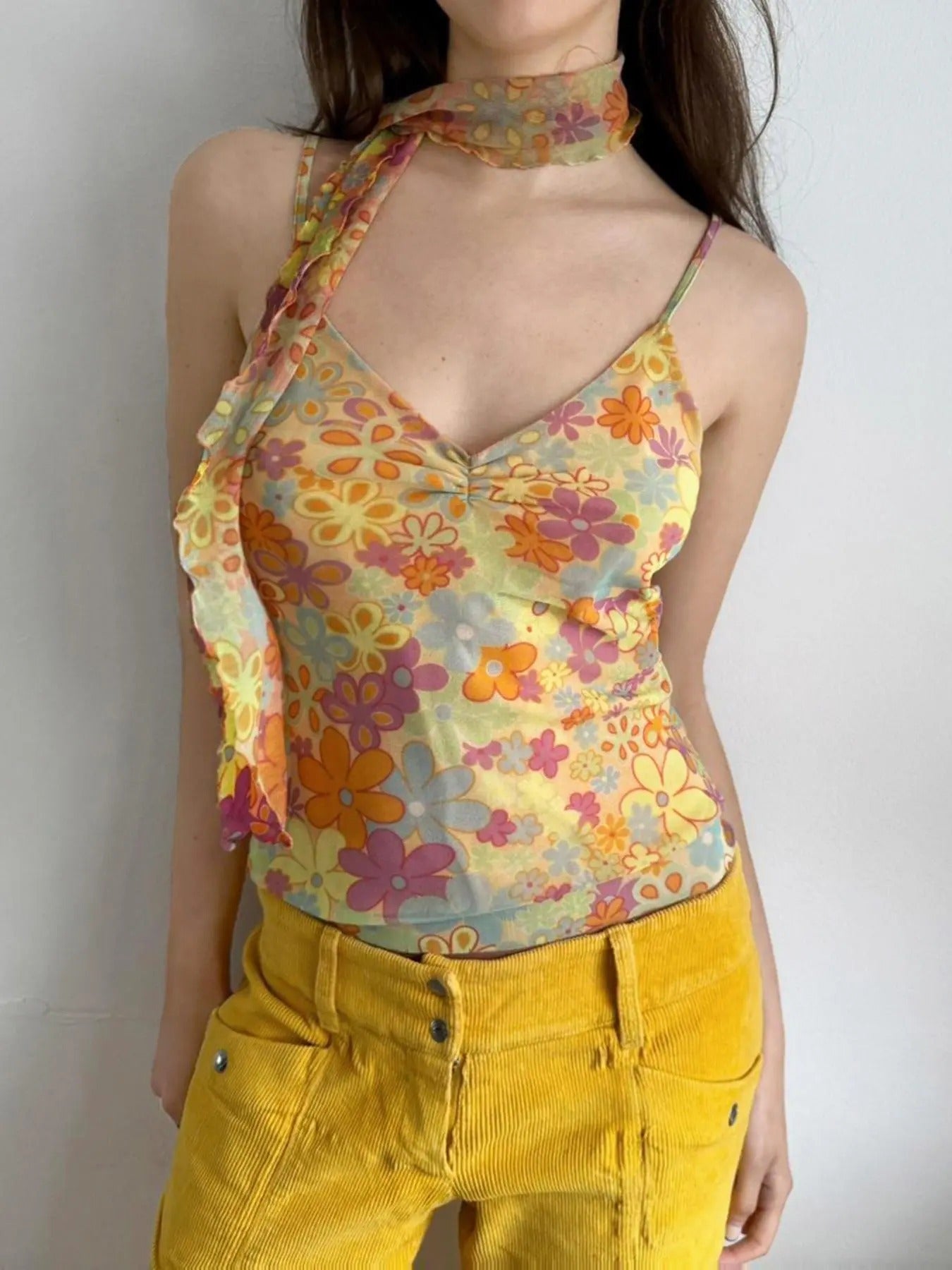 Women'WB shield Floral Print Ruched Cami Top with Scarf, Boho Sleeveless Spaghetti Strap Top for Summer, Women'WB shield...