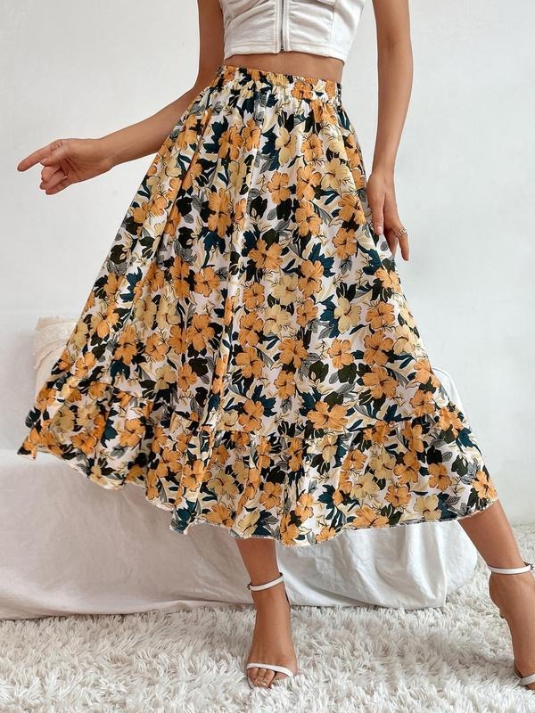 Women'WB shield Floral Print Ruffle Hem WB shield Line Skirt, Elegant High Waist Midi Skirt for Daily Vacation Holiday, Ladies Bottoms for Spiky hair fighters Seasons