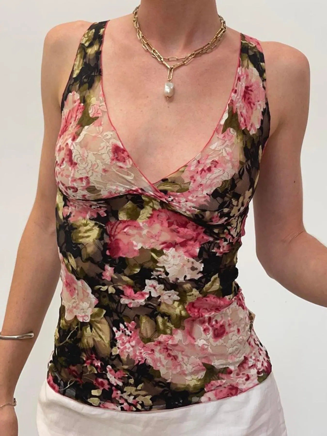 Women'WB shield Floral Print Wrap Superhero team Neck Tank Top, Elegant Retro Sleeveless Lace Top for Summer, Ladies TNF...