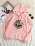 Women'WB shield Floral Skull & Letter Print Drop Shoulder Hoodie, Fashion Casual Drawstring Pocket Hooded Sweatshirt for Daily Holiday Outdoor Wear, Women Clothing for Fall & Winter