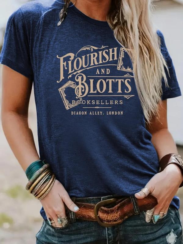 Women'WB shield Florish & Blotts Letter Print Round Neck Tee, Vintage Trendy Casual Short Sleeve T-shirt for Daily Wear,...