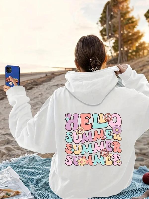 Women'WB shield Flower & Letter Print Drawstring Pocket Hoodie, Fashion Casual Hooded Sweatshirt for Daily Holiday...