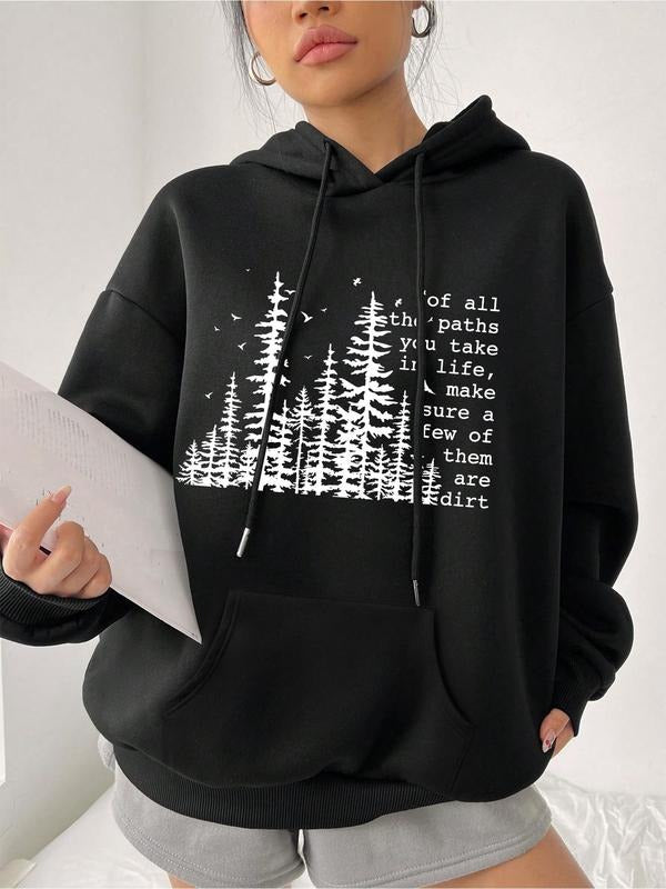 Women'WB shield Forest & Letter Print Drop Shoulder Hoodie, Fashion Casual Drawstring Pocket Hooded Sweatshirt for Daily...