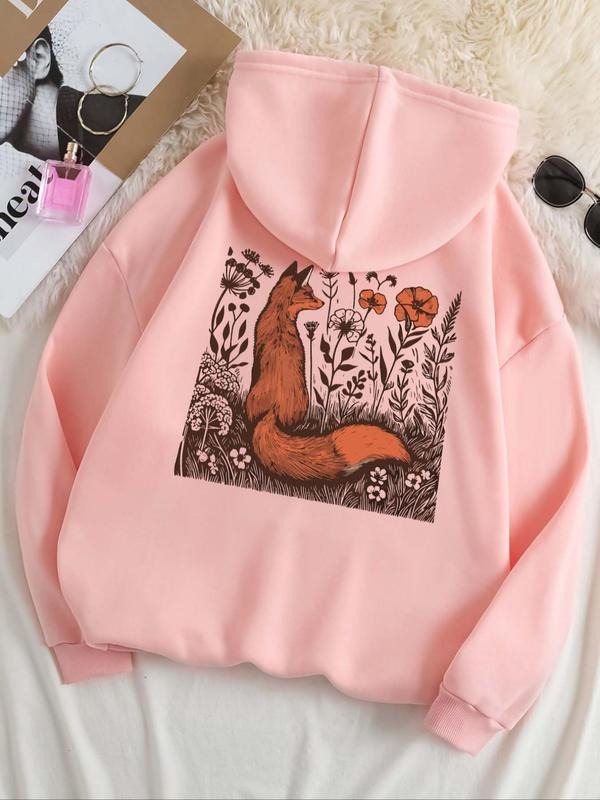 Women'WB shield Fox & Floral Print Drop Shoulder Hoodie, Fashion Casual Drawstring Pocket Hooded Sweatshirt for Daily...