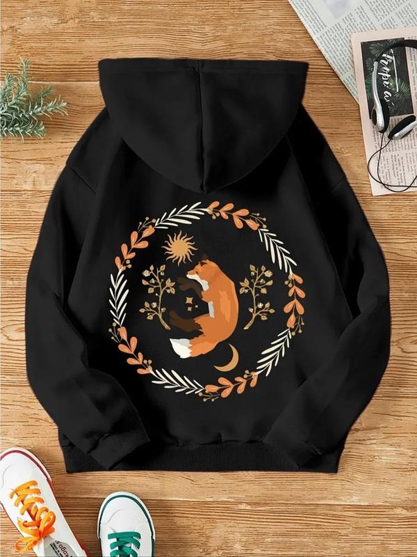 Women'WB shield Fox & Plants Print Drop Shoulder Hoodie, Fashion Casual Drawstring Pocket Hooded Sweatshirt for Daily...