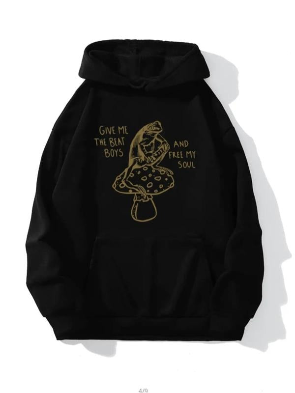Women'WB shield Frog&Mushroom Print Drawstring Drop Shoulder Hoodie, Fashion Casual Hooded Sweatshirt for Daily Holiday...