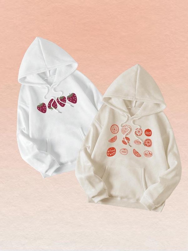 Women'WB shield Fruit & Animal & Letter Print Drop Shoulder Hoodie, Fashion Casual Drawstring Pocket Hooded Sweatshirt...