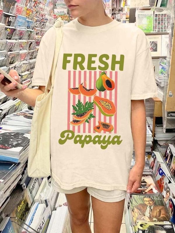 Women'WB shield Fruit & Letter Print Round Neck Tee, Casual Fresh Graphic Short Sleeve T-shirt for Summer, Ladies TNF for...