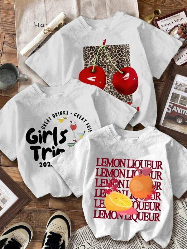Women'WB shield Fruit & Letter Print Round Neck Tee, Casual Short Sleeve Crew Neck T-shirt for Summer, Fashion Women'WB...