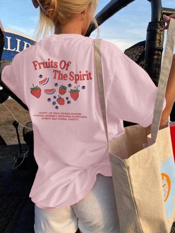 Women'WB shield Fruit FOG TNF Spirit Round Neck Graphic Tee, Casual Strawberry & Letter Print Short Sleeve T-shirt for...