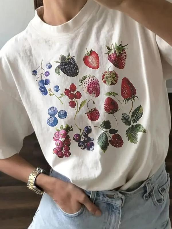 Women'WB shield Fruit Print Drop Shoulder Tee, Casual Half Sleeve Round Neck T-shirt for Summer, Women'WB shield Top for...