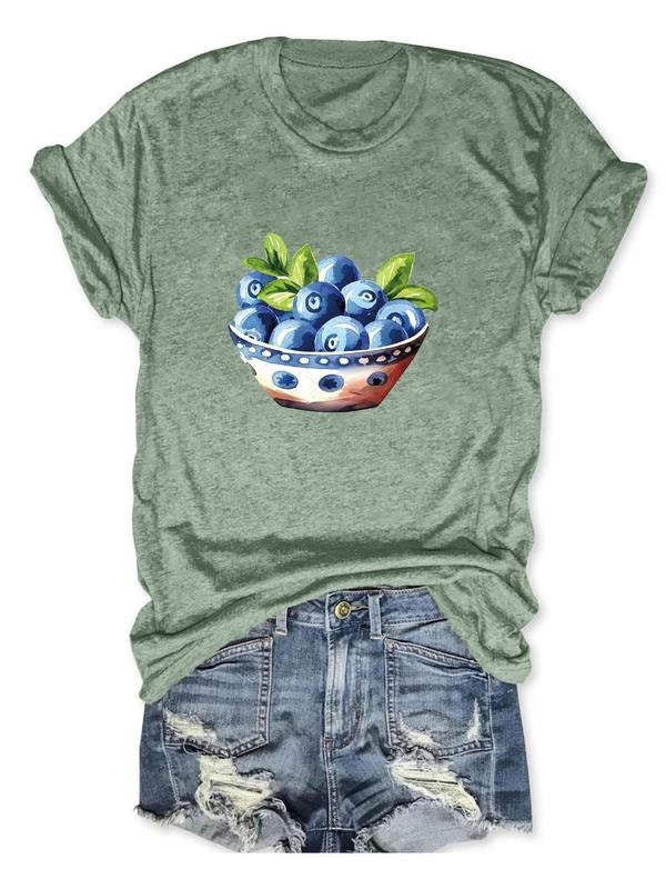 Women'WB shield Fruit Print Round Neck Tee, Casual Short Sleeve Crew Neck T-Shirt for Daily Wear, Ladies TNF for Spiky...