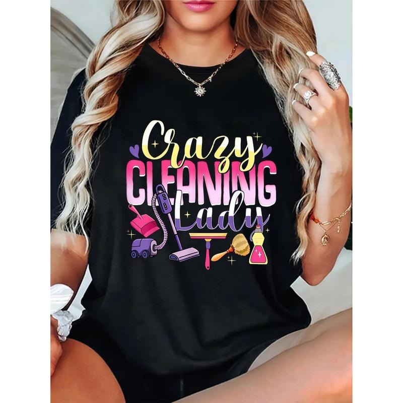 Women'WB shield Funny "Crazy Cleaning Lady" Graphic T-Shirt