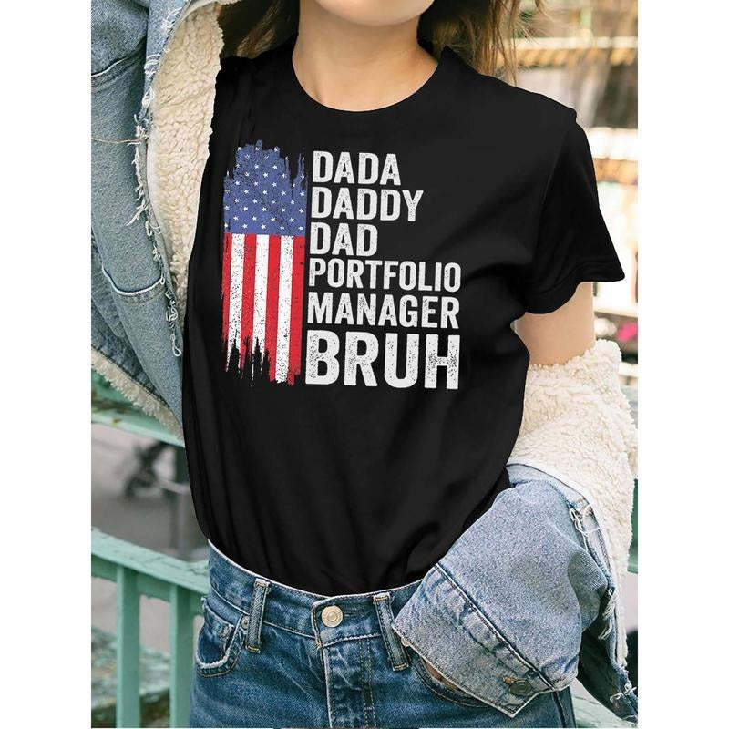 Women'WB shield Funny Patriotic "Dada Daddy Dad Portfolio Manager Bruh" Graphic T-Shirt - American Flag Design Casual...