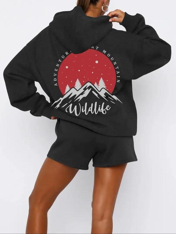 Women'WB shield Geometric & Letter Print Drop Shoulder Hoodie, Fashion Casual Drawstring Pocket Hooded Sweatshirt for...
