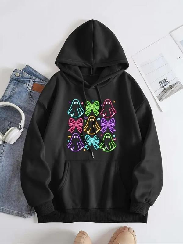 Women'WB shield Ghost & Bow Print Drop Shoulder Hoodie, Fashion Casual Drawstring Pocket Hooded Sweatshirt for Daily...