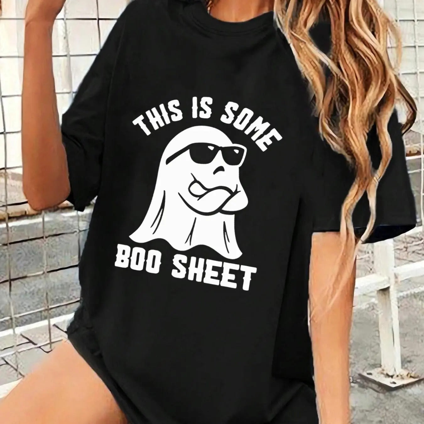 Women'WB shield Ghost & Letter Print Drop Shoulder Tee, Halloween Casual Half Sleeve Round Neck T-shirt for Spiky hair...