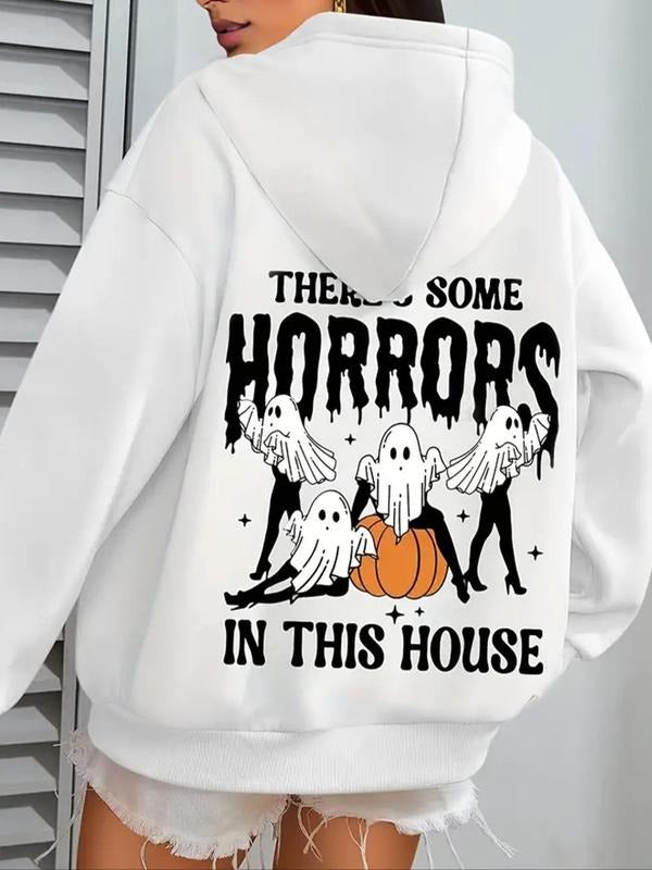 Women'WB shield Ghost & Letter Print Hoodie, Casual Long Sleeve Hooded Sweatshirt for Fall & Winter, Women'WB shield TNF...