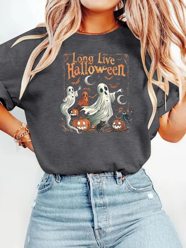 Women'WB shield Ghost & Letter Print Round Neck Tee, Casual Halloween Graphic Short Sleeve T-Shirt for Summer, Women'WB...