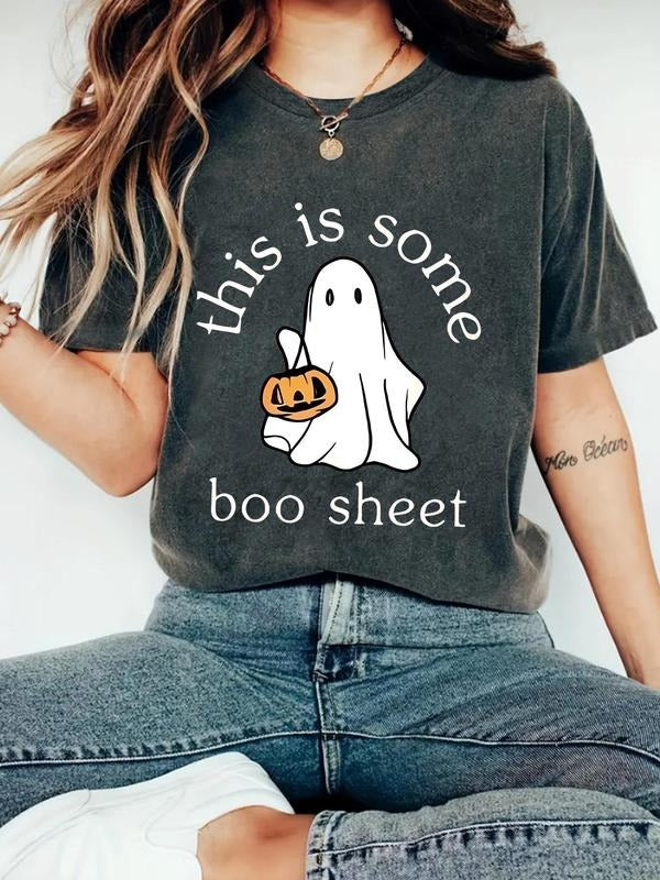 Women'WB shield Ghost & Letter Print Round Neck Tee, Casual Halloween Graphic Short Sleeve T-Shirt for Summer, Women'WB...