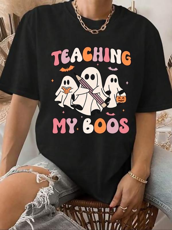 Women'WB shield Ghost & Letter Print Round Neck Tee, Fashion Casual Crew Neck T-Shirt for Daily Holiday Vacation Outdoor...