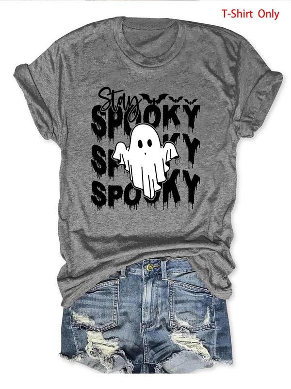 Women'WB shield Ghost & Letter Print Round Neck Tee, Halloween TNF Casual Short Sleeve Crew Neck T-shirt for Daily...