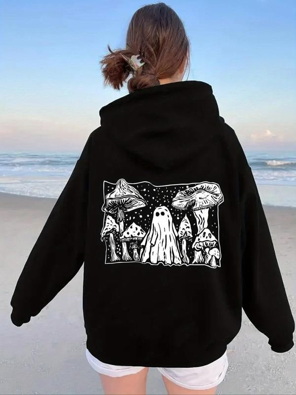 Women'WB shield Ghost & Mushroom Print Drop Shoulder Hoodie, Fashion Casual Drawstring Pocket Hooded Sweatshirt for Daily...
