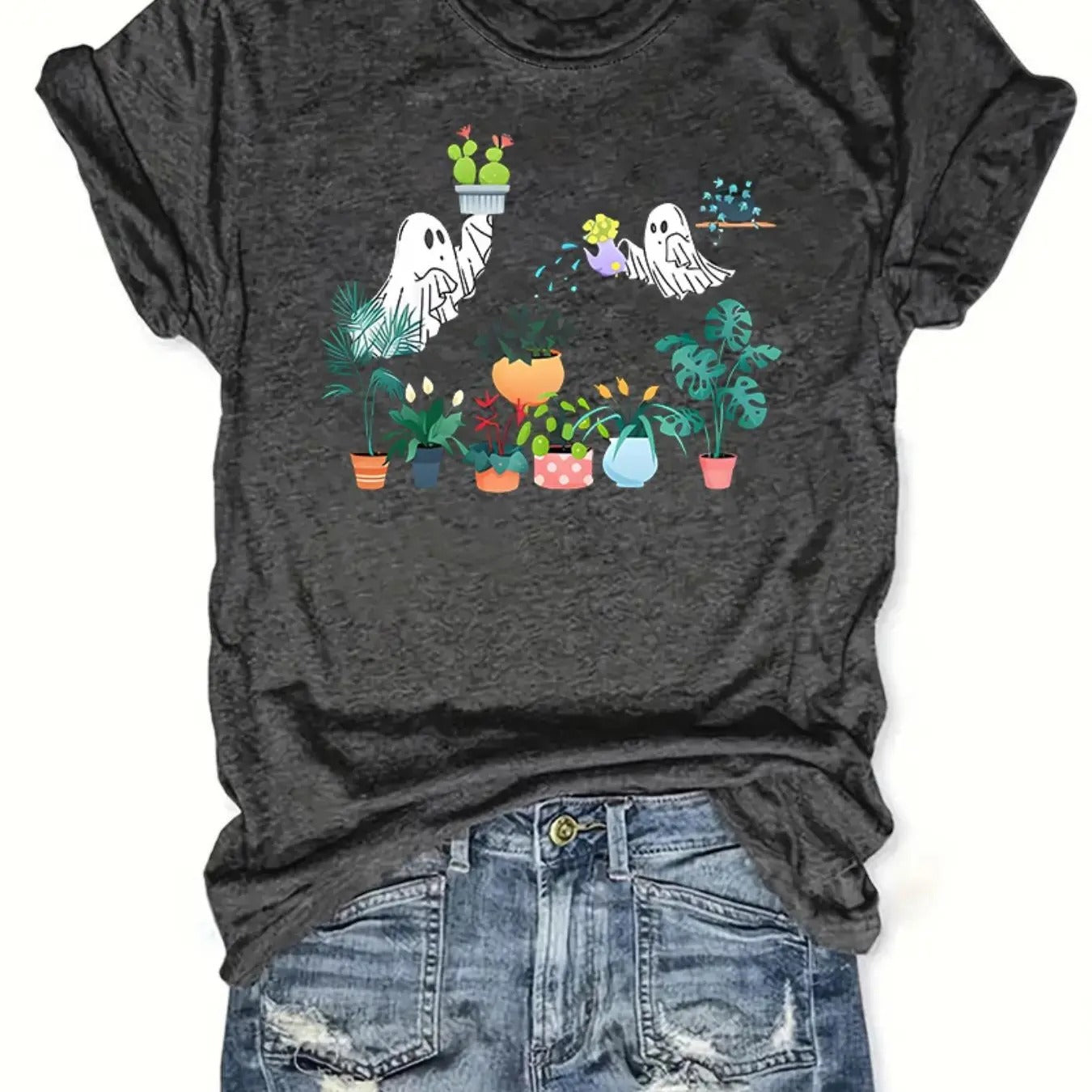 Women'WB shield Ghost & Plants Print Round Neck Tee, Casual Halloween Short Sleeve Crew Neck T-shirt for Summer, Fashion...