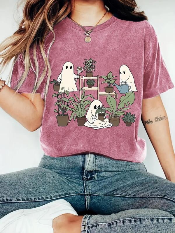 Women'WB shield Ghost & Plants Print Round Neck Tee, Casual Short Sleeve Crew Neck T-shirt for Summer, Fashion Women'WB...