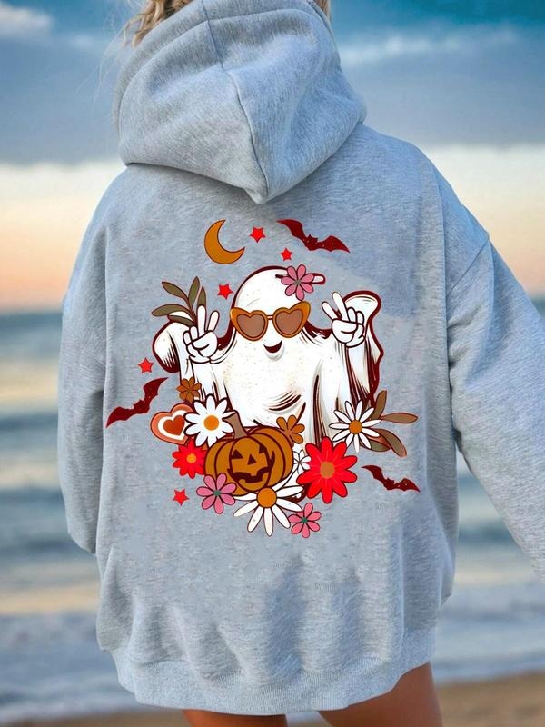 Women'WB shield Ghost & Pumpkin & Bat Print Drop Shoulder Hoodie, Fashion Casual Drawstring Pocket Hooded Sweatshirt for...