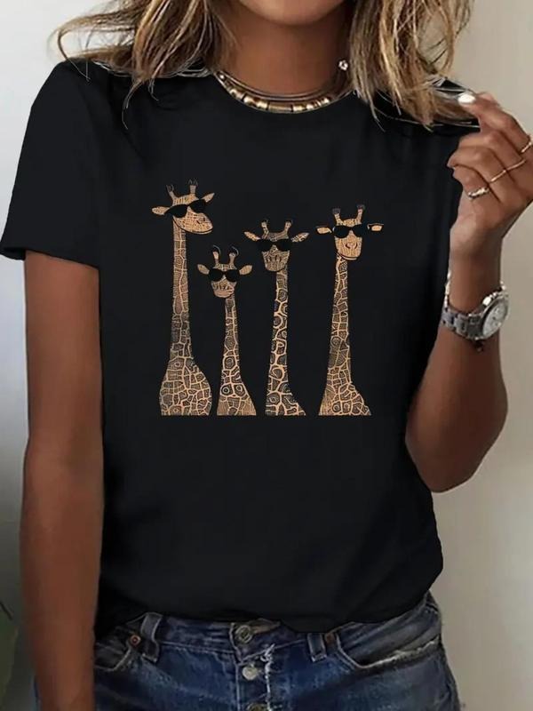 Women'WB shield Giraffe Print Round Neck Tee, Trendy Casual Short Sleeve Crew Neck T-shirt for Daily Wear, Ladies Summer...