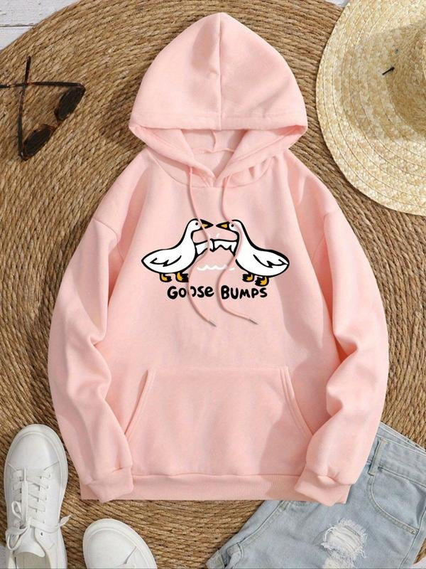Women'WB shield Goose & Letter Print Drop Shoulder Hoodie, Fashion Casual Drawstring Pocket Hooded Sweatshirt for Daily...