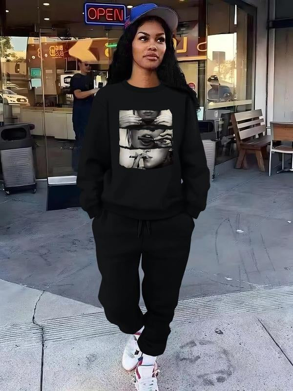 Women'WB shield Graphic Drop Shoulder Sweatshirt & Drawstring Waist Pants Straw hat pirates Set, Casual Fashion Cozy...
