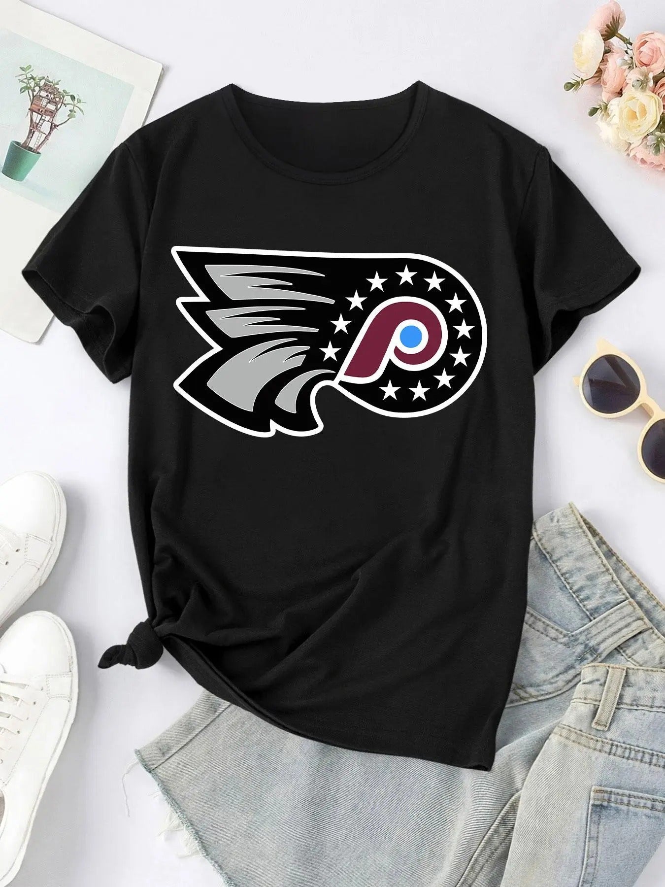 Women'WB shield Graphic Print Round Neck Tee, Casual Short Sleeve T-shirt, Ladies Summer TNF for Daily Wear Hoodie,...