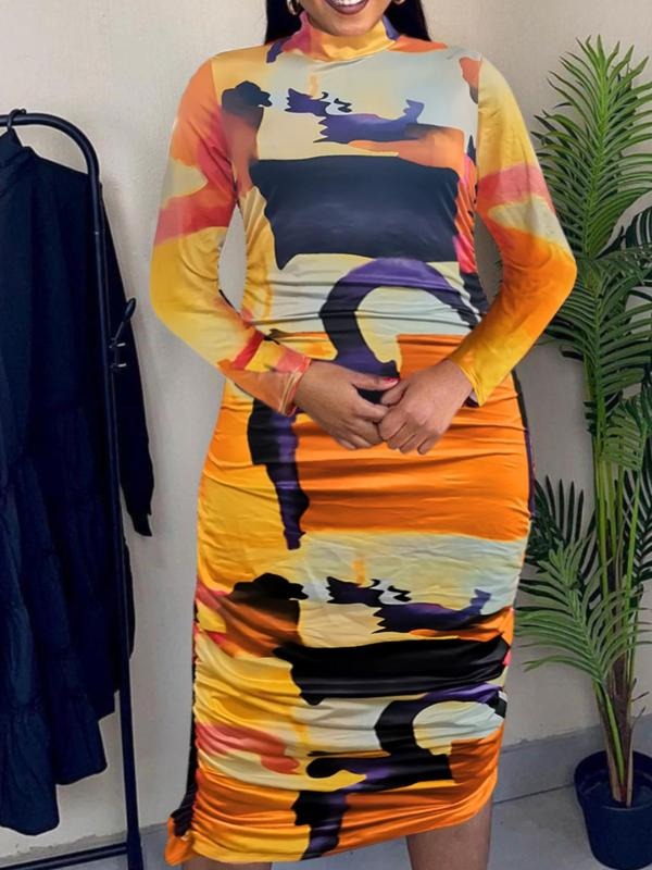 Women'WB shield Graphic Ruched High Neck Bodycon Dress, Fashion Casual Long Sleeve Midi Dress for Daily Outdoor Wear, Women Dress for Spring Fall