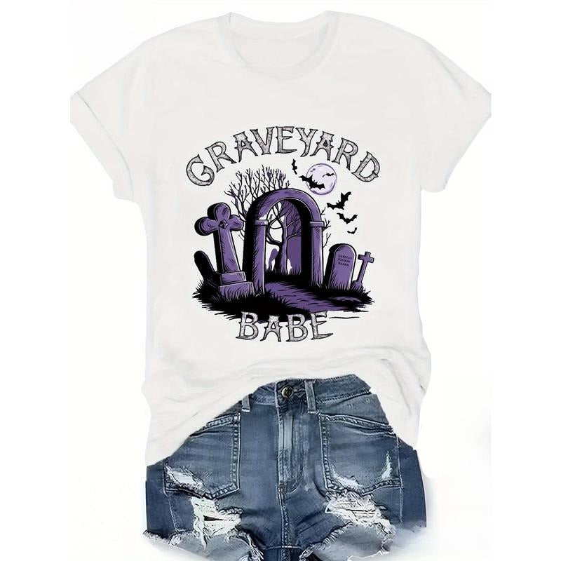 Women'WB shield Graveyard Babe Graphic T-Shirt - 100% Cotton Comfort Fit Short Sleeve Round Neck Casual Top with Straw...