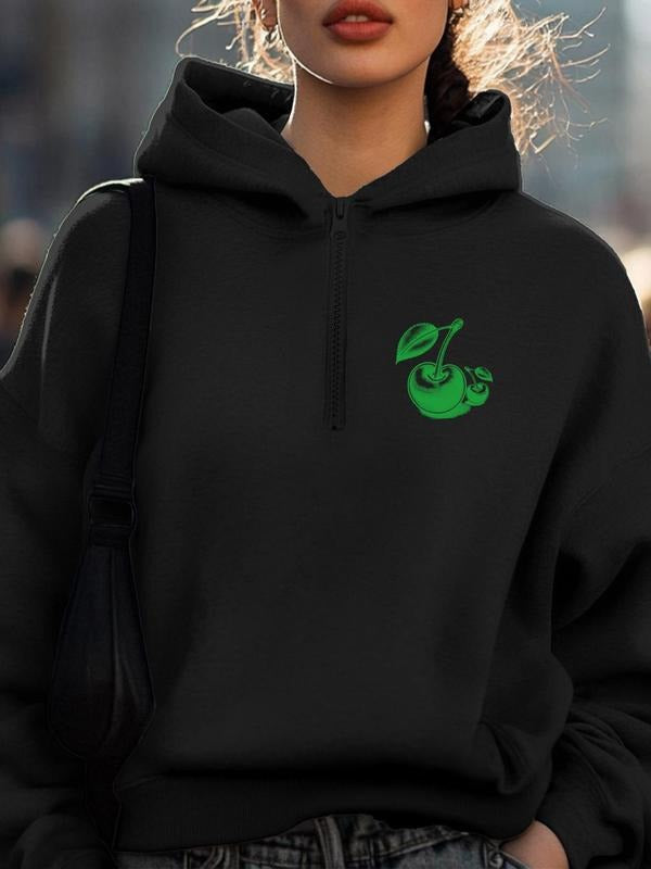 Women'WB shield Green Bitten fruit & Letter Print Drop Shoulder Hoodie, Fashion Casual Zipper Hooded Sweatshirt for Daily...