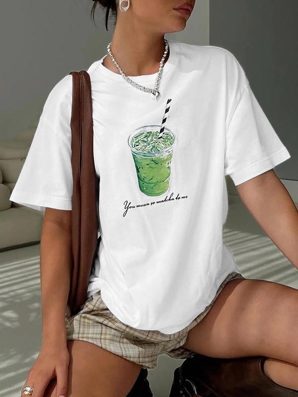 Women'WB shield Green Tea & Letter Print Round Neck Tee, Fashion Casual Crew Neck T-Shirt for Daily Holiday Vacation...
