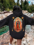 Women'WB shield Guadalupe Virgin Mary Print Drop Shoulder Hoodie, Fashion Casual Drawstring Pocket Hooded Sweatshirt for Daily Holiday Outdoor Wear, Women Clothing for Fall & Winter