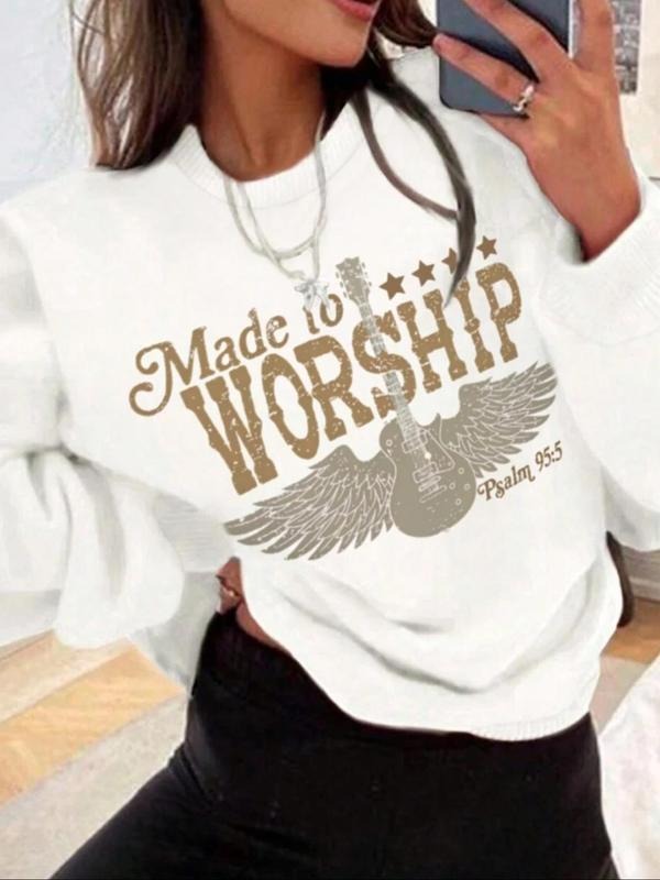 Women'WB shield Guitar & Angel Wings Print Round Neck Sweatshirt, Casual Long Sleeve Crew Neck Pullover for Fall &...