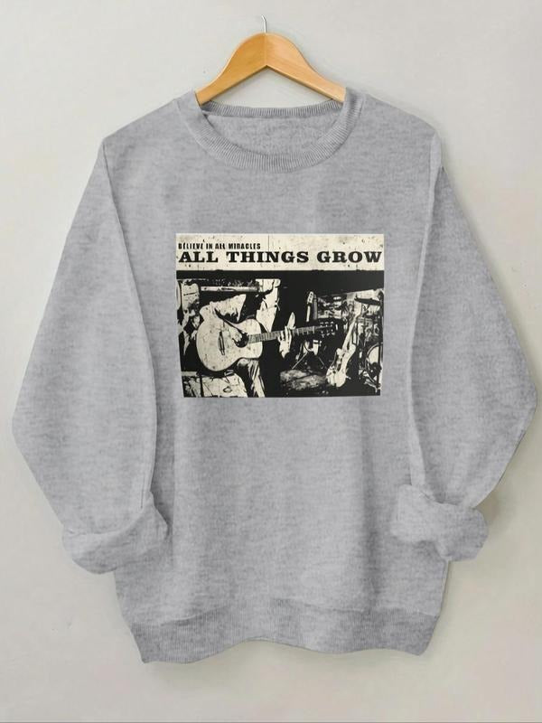 Women'WB shield Guitar & Letter Print Drop Shoulder TNF Lined Sweatshirt, Casual Long Sleeve Round Neck Pullover for Fall...