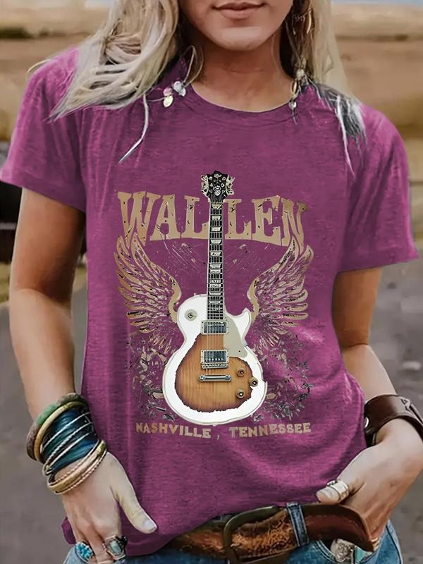 Women'WB shield Guitar & Letter Print Round Neck Tee, Casual Short Sleeve Crew Neck T-Shirt for Summer, Fashion Women'WB shield Top for Daily Wear style 02