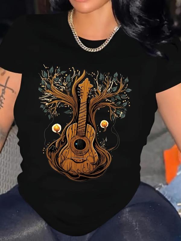 Women'WB shield Guitar & Tree Print Round Neck Tee, Casual Short Sleeve Graphic T-shirt, Ladies Summer TNF for Daily Wear...
