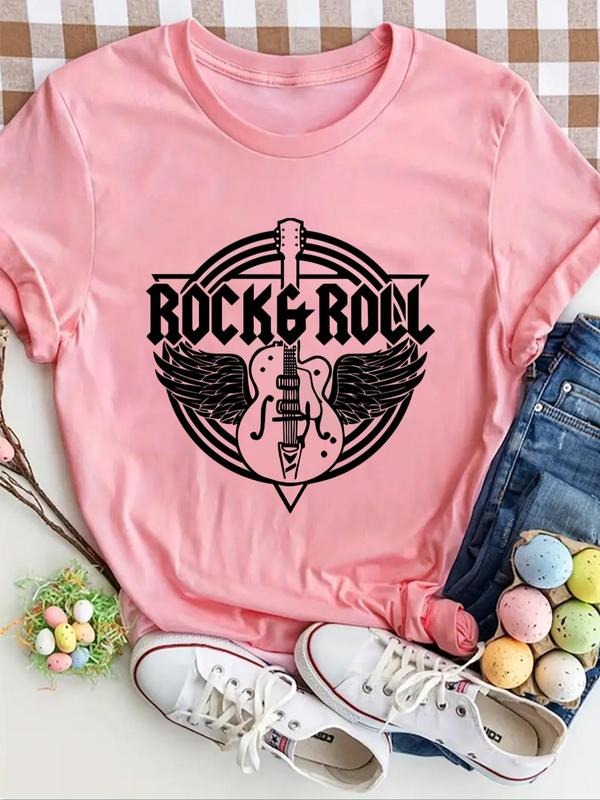 Women'WB shield Guitar Print Round Neck Graphic Tee, Music Festival Essentials Outfit, Vintage Trendy Casual Letter...