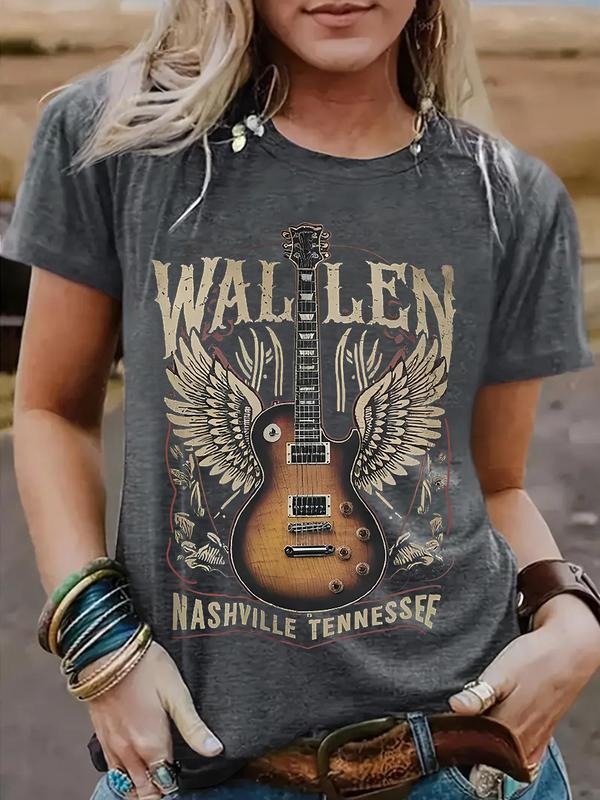 Women'WB shield Guitar Print Round Neck Tee, Casual Short Sleeve Crew Neck T-shirt for Spring, Fashion Women'WB shield...