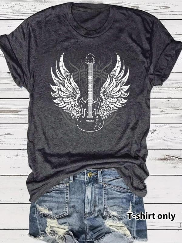 Women'WB shield Guitar Print Round Neck Tee, Casual Short Sleeve Crew Neck T-shirt for Summer, Fashion Women'WB shield...