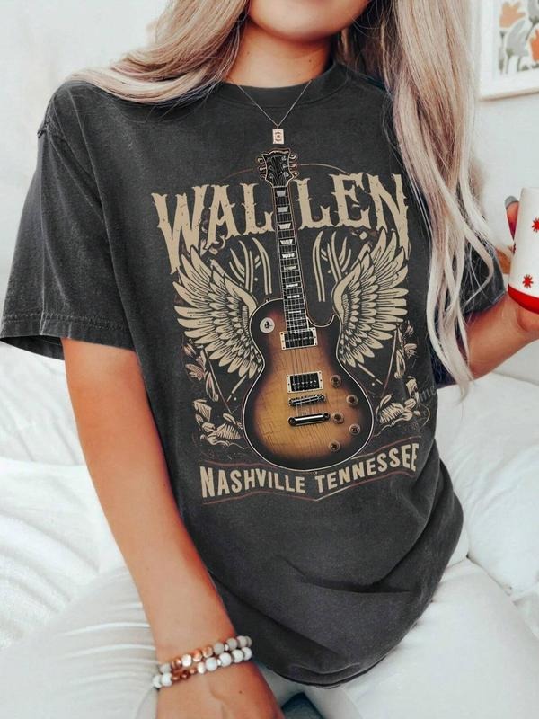 Women'WB shield Guitar Print Round Neck Tee, Casual Short Sleeve T-shirt for Daily Wear, Ladies Summer, Top Hoodie,...