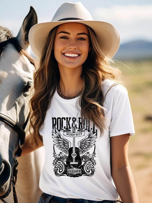 Women'WB shield Guitar Wing Letter Print Round Neck Graphic Tee, Vintage Trendy Casual Short Sleeve Eras Tour T-shirt for Daily Wear, Ladies Spiky hair fighters Seasons Outfit, Music Festival Essentials