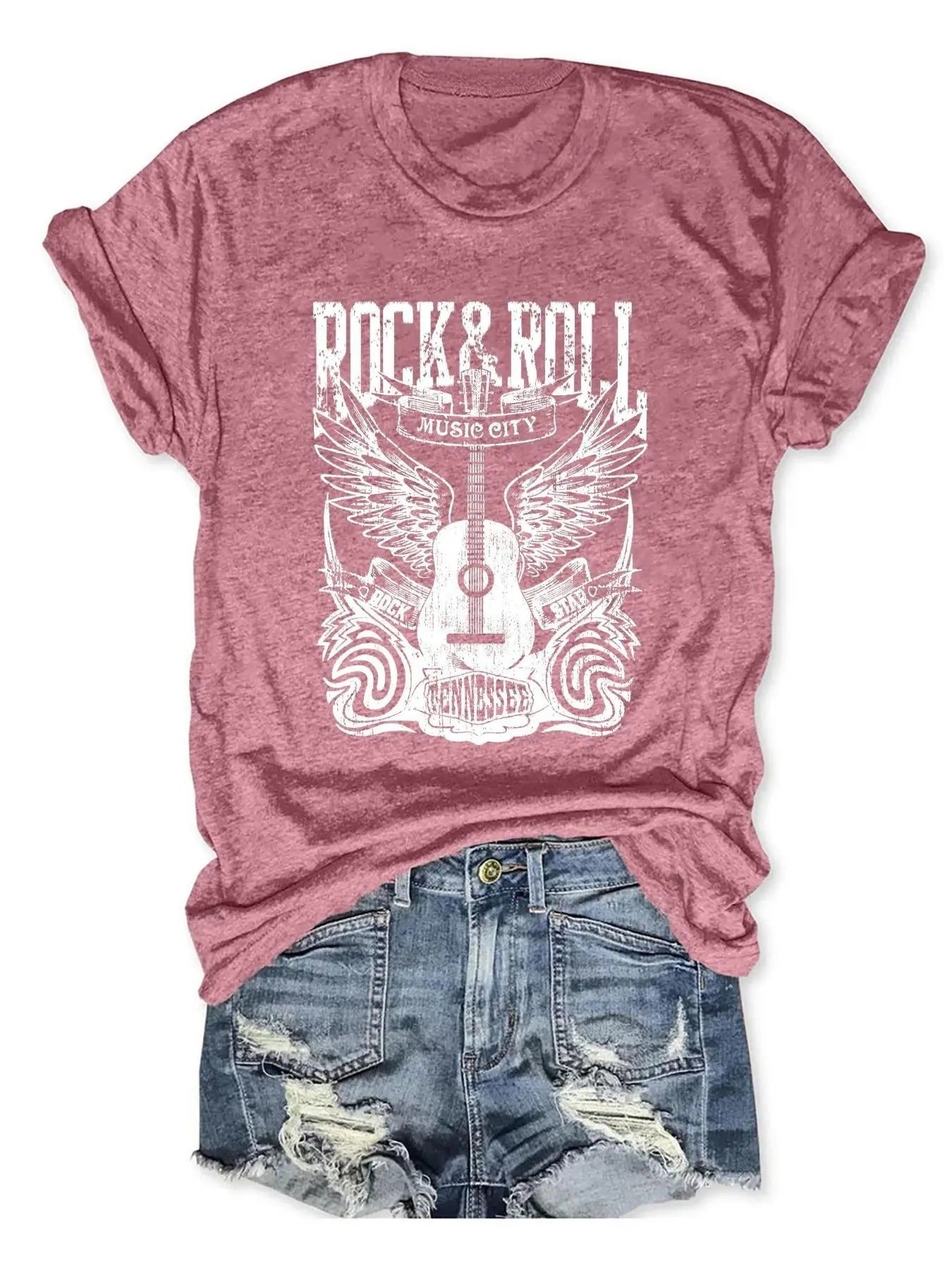 Women'WB shield Guitar Wing Letter Print Round Neck Graphic Tee, Vintage Trendy Casual Short Sleeve T-shirt for Daily Wear, Ladies Spiky hair fighters Season Outfit